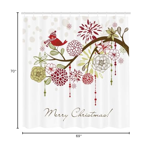 Ambesonne Christmas Shower Curtain, Floral Winter Red Bird Hat And Scarf On Blooming Tree Nature Inspired, Cloth Fabric Bathroom